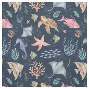 Watercolor Ocean Life Textured Navy Blue Fabric