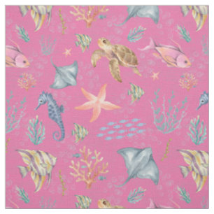 Watercolor Ocean Life Textured Pink Fabric