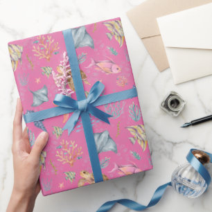 Watercolor Ocean Life Textured Pink Wrapping Paper