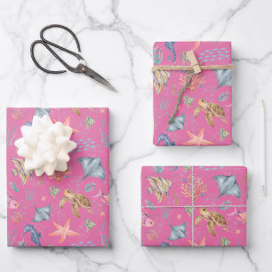 Watercolor Ocean Life Textured Pink Wrapping Paper Sheet