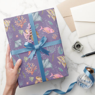 Watercolor Ocean Life Textured Purple Wrapping Paper