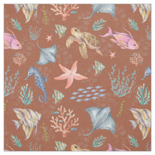 Watercolor Ocean Life Textured Saddle Brown Fabric