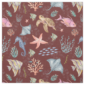 Watercolor Ocean Life Textured Sangria Fabric