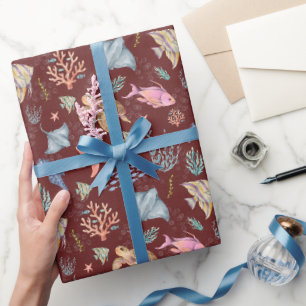 Watercolor Ocean Life Textured Sangria Wrapping Paper