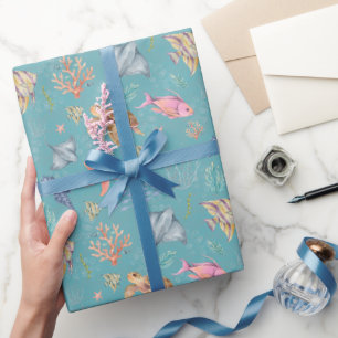 Watercolor Ocean Life Textured Turquoise Wrapping Paper
