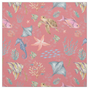 Watercolor Ocean Life Textured Watermelon Fabric