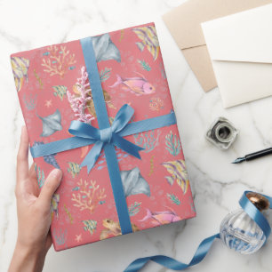 Watercolor Ocean Life Textured Watermelon Wrapping Paper