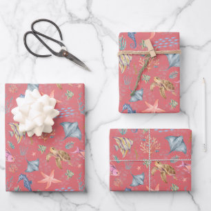 Watercolor Ocean Life Textured Watermelon Wrapping Paper Sheet