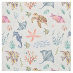Watercolor Ocean Life Textured White Fabric