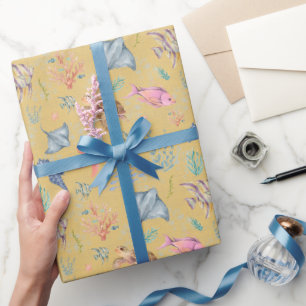 Watercolor Ocean Life Textured Yellow Wrapping Paper
