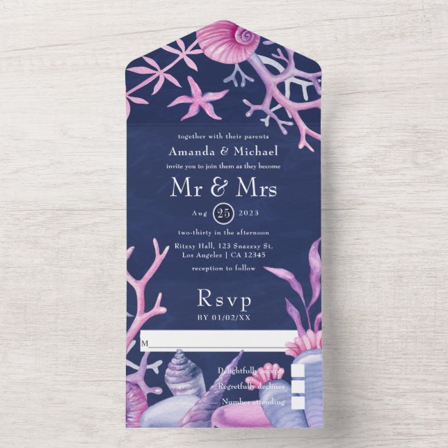Watercolor Ocean Life Wedding All In One Invitation (Inside)