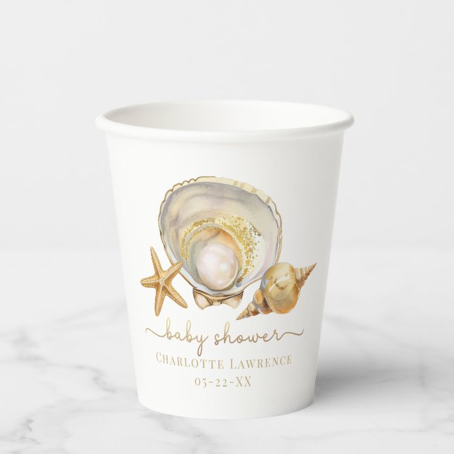 Watercolor Ocean Little Pearl Baby Shower  Paper Cups (Front)