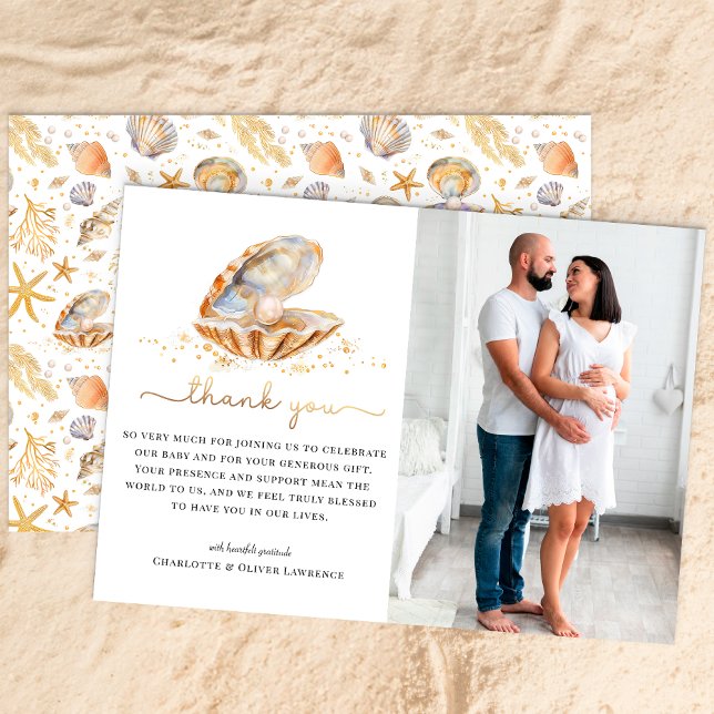 Watercolor Ocean Little Pearl Photo Shower Card (Summer Photo Baby Shower Thank You Card)