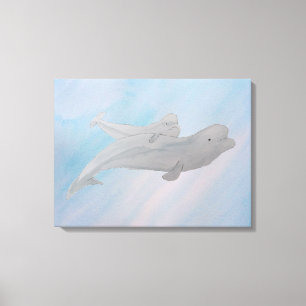 Watercolor Ocean Mother Baby Beluga Whale Canvas Print