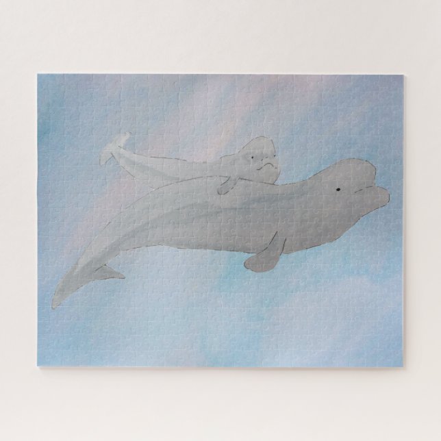Watercolor Ocean Mother Baby Beluga Whales Jigsaw Puzzle (Horizontal)