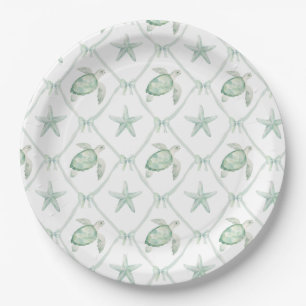 Watercolor Ocean Nautical Starfish Shells Trellis Paper Plate