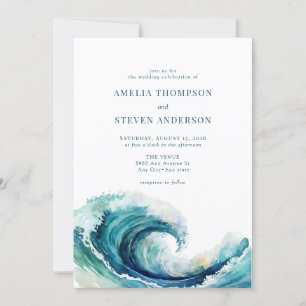 Watercolor Ocean   Navy Blue Wedding Invitation
