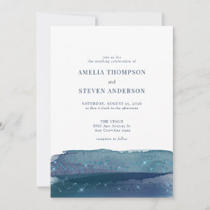 Watercolor Ocean   Navy Blue Wedding Invitation