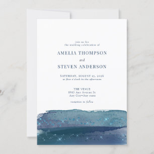 Watercolor Ocean   Navy Blue Wedding Invitation