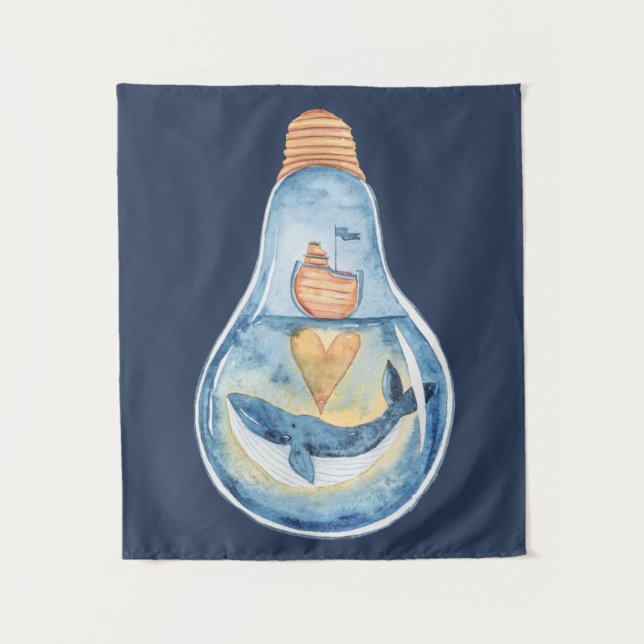 Watercolor Ocean Scene in Light bulb Whale Boat Tapestry (Front)
