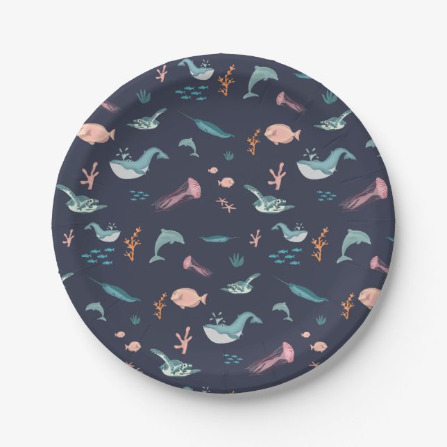 Watercolor Ocean Sea Animals Blue Pattern Paper Plate (Front)