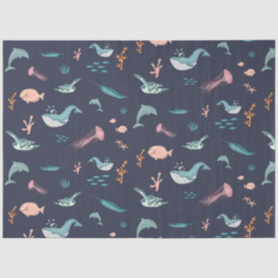 Watercolor Ocean Sea Animals Blue Pattern Tissue Paper