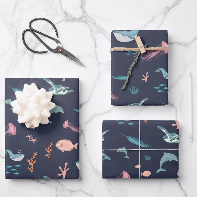 Watercolor Ocean Sea Animals Blue Pattern Wrapping Paper Sheet (Front)