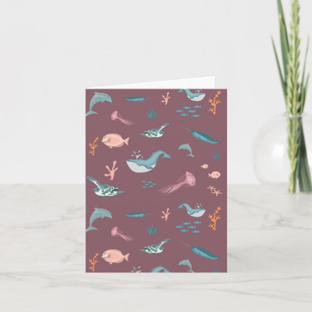 Watercolor Ocean Sea Animals Blush Pink Pattern Card (Front)