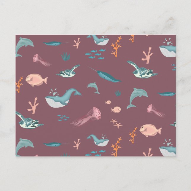 Watercolor Ocean Sea Animals Blush Pink Pattern Holiday Postcard (Front)