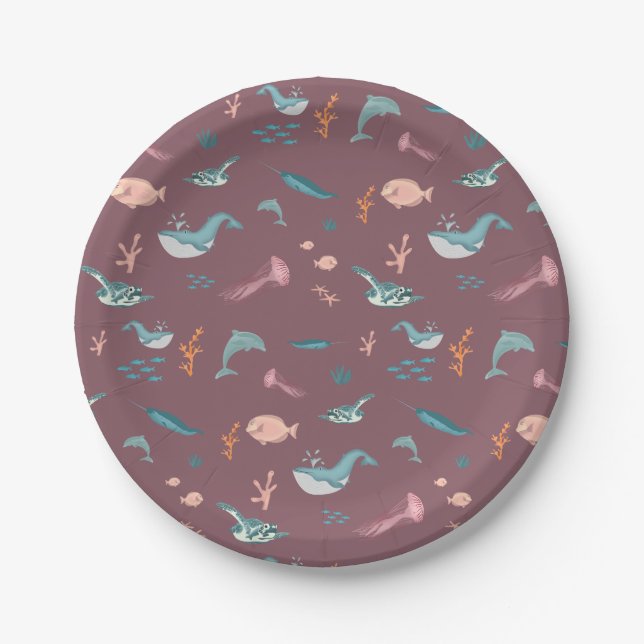 Watercolor Ocean Sea Animals Blush Pink Pattern Paper Plate (Front)