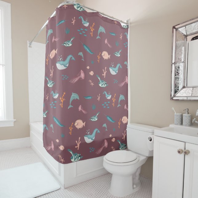 Watercolor Ocean Sea Animals Blush Pink Pattern Shower Curtain (In Situ)