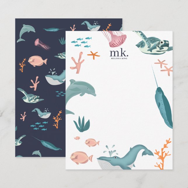 Watercolor Ocean Sea Animals Monogram Blue Card (Front/Back)