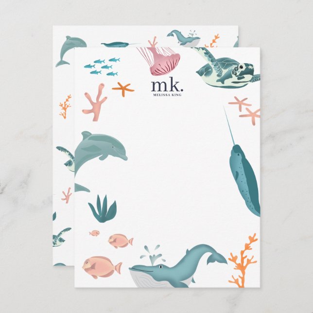 Watercolor Ocean Sea Animals Monogram  Card (Front/Back)