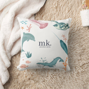 Watercolor Ocean Sea Animals Monogram Cushion