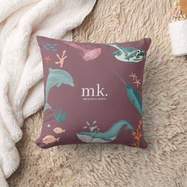 Watercolor Ocean Sea Animals Monogram Dusty Pink Cushion (Blanket)