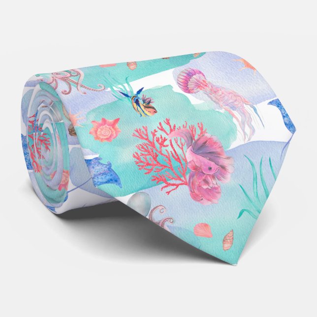 Watercolor Ocean Sea Animals Pattern  Tie (Rolled)