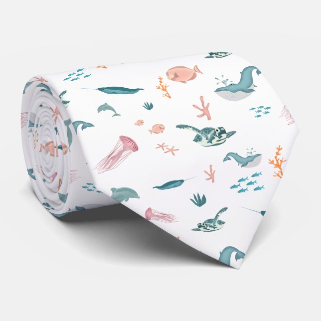 Watercolor Ocean Sea Animals Pattern Tie (Rolled)