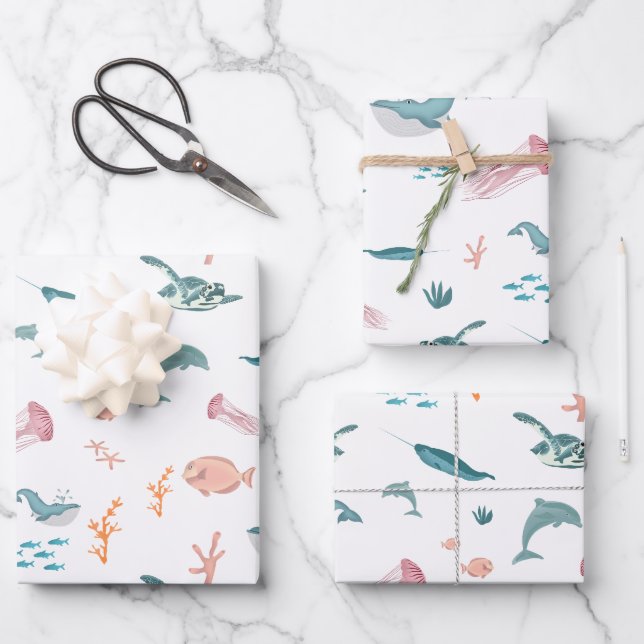 Watercolor Ocean Sea Animals Pattern Wrapping Paper Sheet (Front)