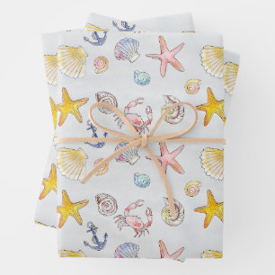 Watercolor Ocean Sea Life & Seashells Pattern Wrapping Paper Sheet