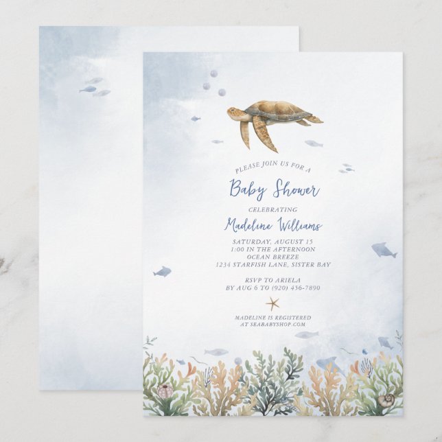  Watercolor Ocean Sea Turtle Baby Shower Invitation (Front/Back)
