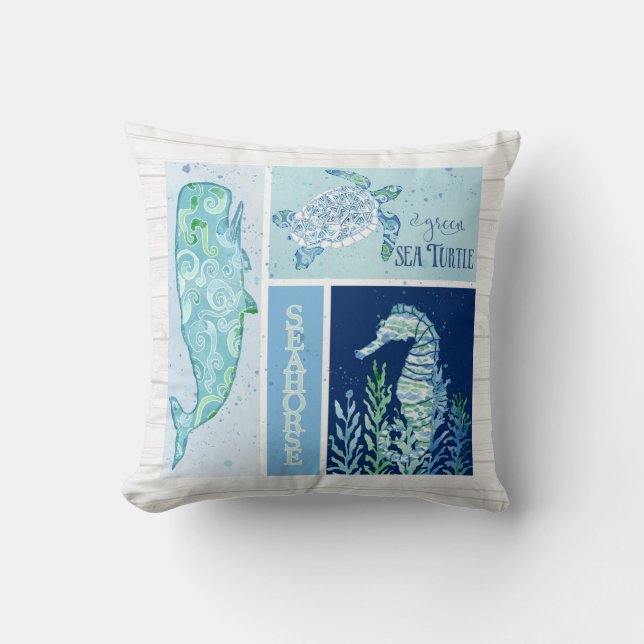 Watercolor Ocean Sea Turtle Seahorse Whale Wood Cushion (Front)