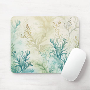 Watercolor Ocean Seaweed Plants Teal Beige Aqua  Mouse Mat