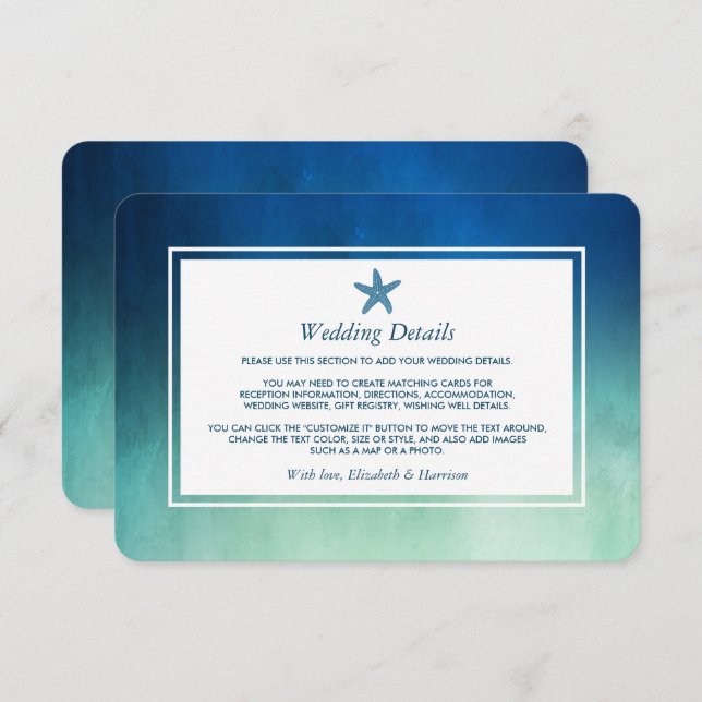 Watercolor Ocean Starfish Beach Wedding Detail Enclosure Card (Front/Back)