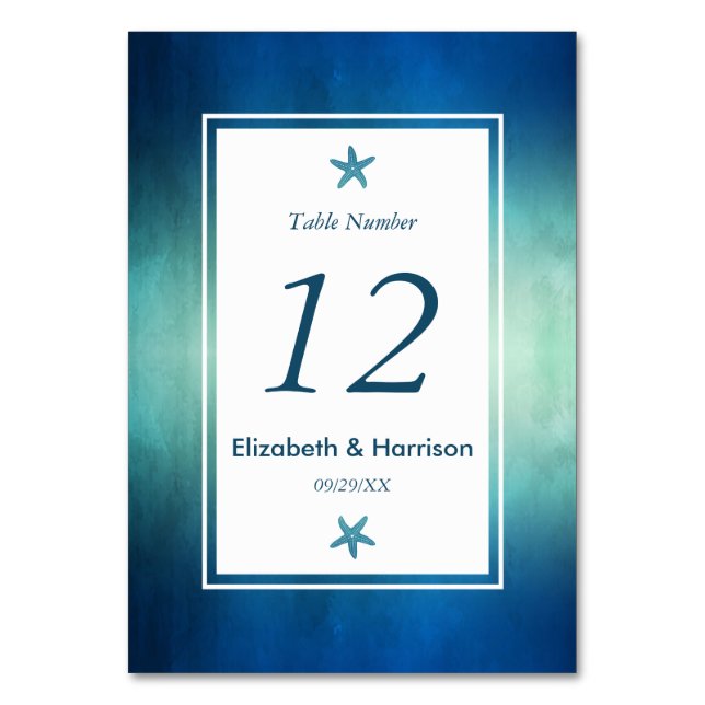 Watercolor Ocean Starfish Beach Wedding Number Table Number (Front)
