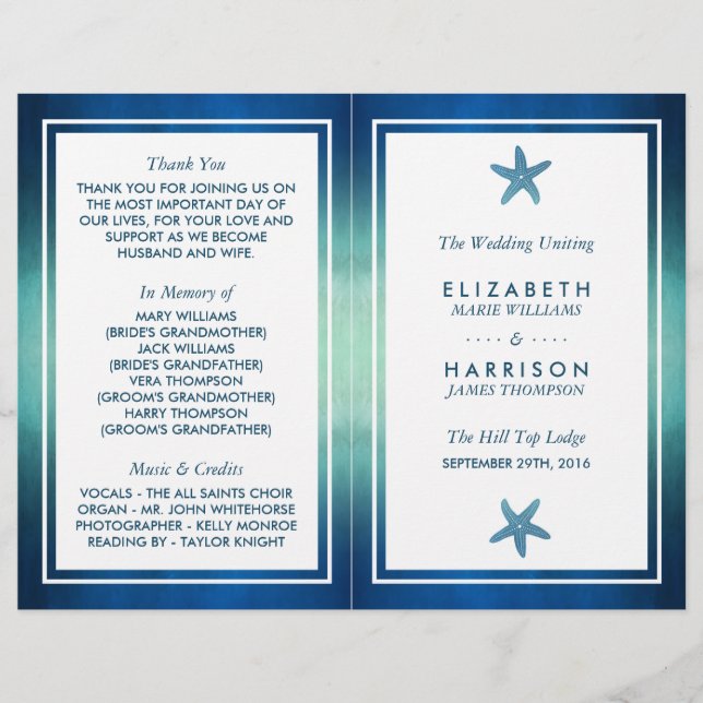 Watercolor Ocean Starfish Beach Wedding Program (Front)