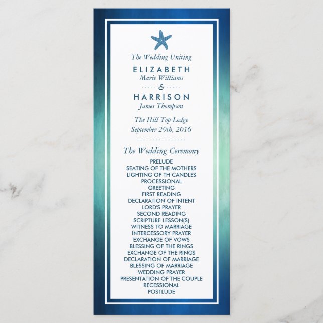 Watercolor Ocean Starfish Beach Wedding Program Programme (Front)