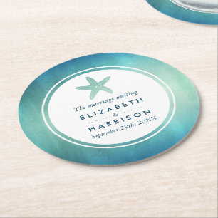 Watercolor Ocean Starfish Beach Wedding Round Paper Coaster