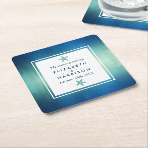 Watercolor Ocean Starfish Beach Wedding Square Paper Coaster
