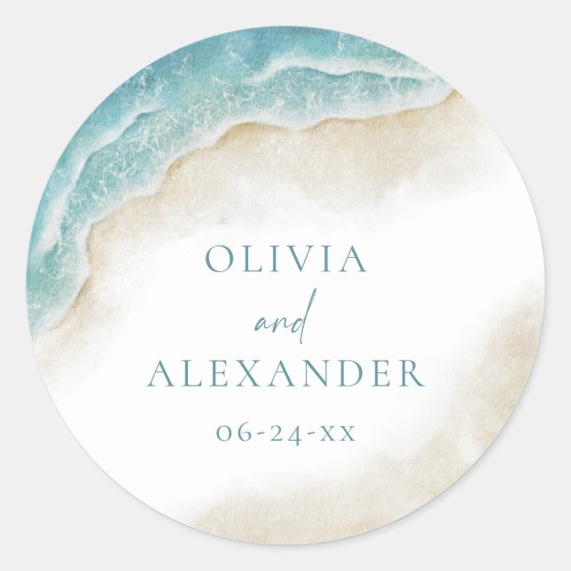 Watercolor Ocean Summer Beach Wedding Classic Round Sticker (Front)