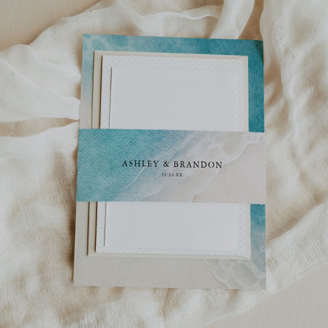 Watercolor Ocean Summer Beach Wedding Invitation Belly Band (Creator Uploaded)